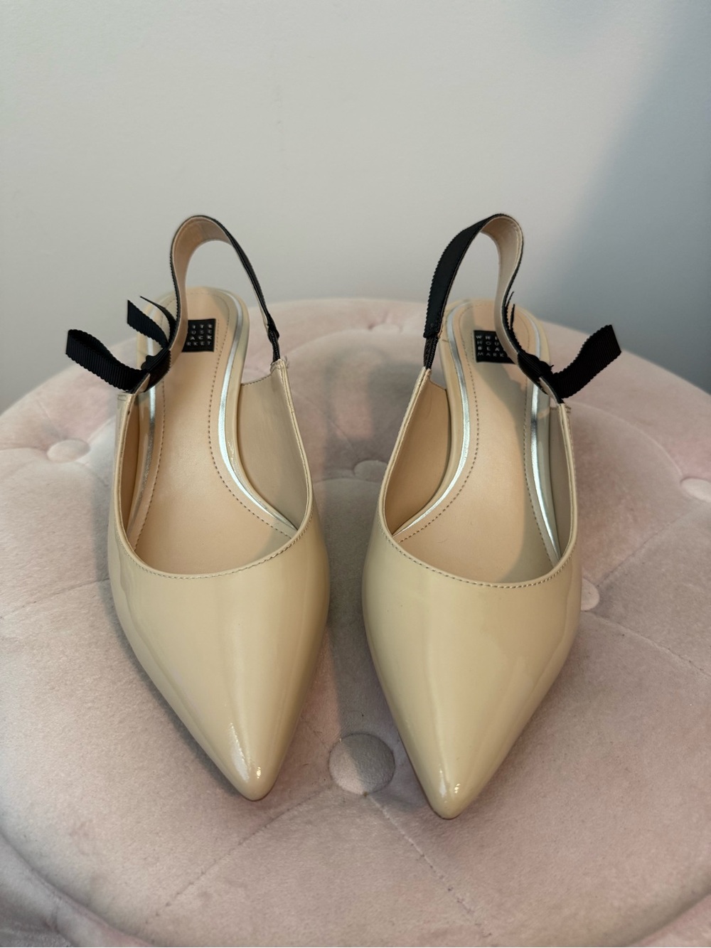 Women's Pointed Toe Slingback Pumps in Beige with Black Strap